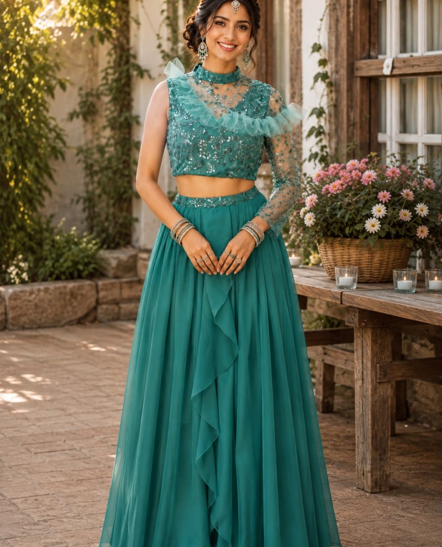 TURQUISE - Turquoise Georgette Embroidered Work Lehenga Choli